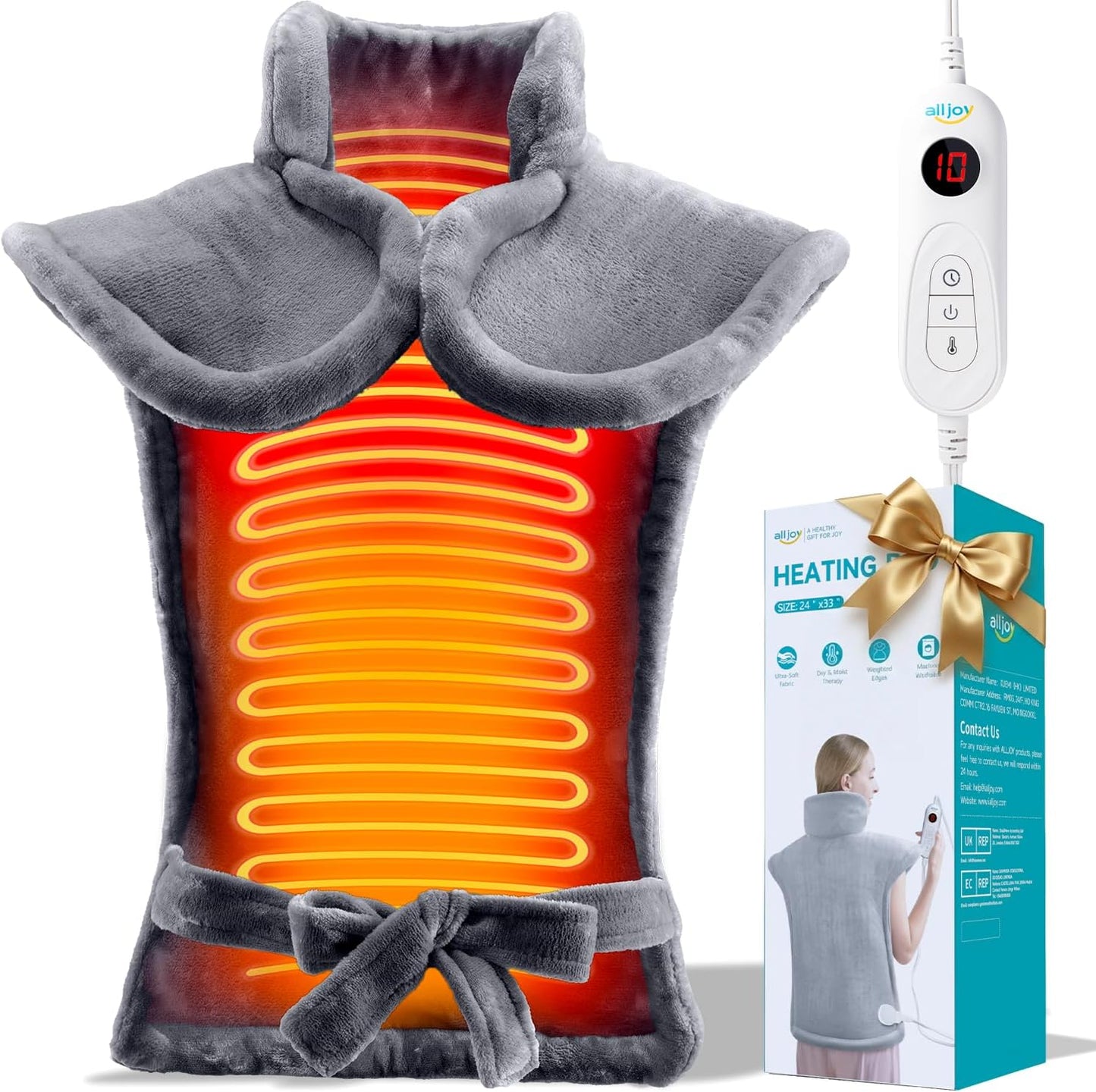 ALLJOY Heating Pad for Neck and Shoulders and Back Pain Relief | 24"x33" Weighted Heating Pad for Back with 10 Heat Levels & 4 Timers, Auto Shut-Off, Birthday Gifts for Men Women, Grey