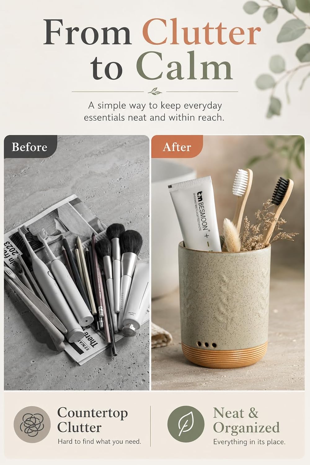 LYEOBOH Ceramic Toothbrush Cup, Cute Toothbrush Holder with Drainage White | Farmhouse Toothbrush Container, Countertop Toothbrush Organizer, Toothbrush Storage for Bathroom Vanity & Countertop