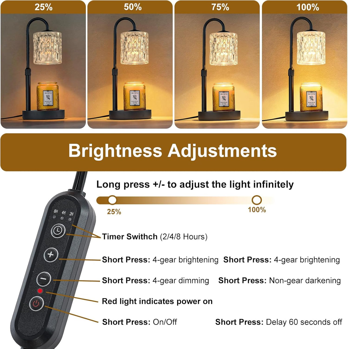 Briever Dimmable Candle Warmer Lamp with Timer, Height Adjustable Electric Candle Wax Warmer, Christmas Birthday Gifts for Women Mom, House Warming Gifts New Home Room Decor, Black Solid Wood Base