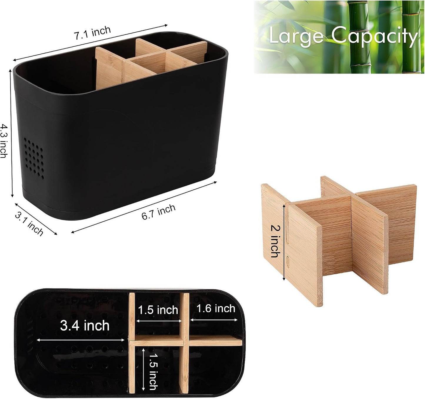 Electric Toothbrush Holder Tooth Brush and Toothpaste Organizer, Black | 3 Slots, Drainage Holes, Removable Bamboo Divider, Ventilation Design, Space-Saving, for Bathroom Countertop, Shower, Vanity