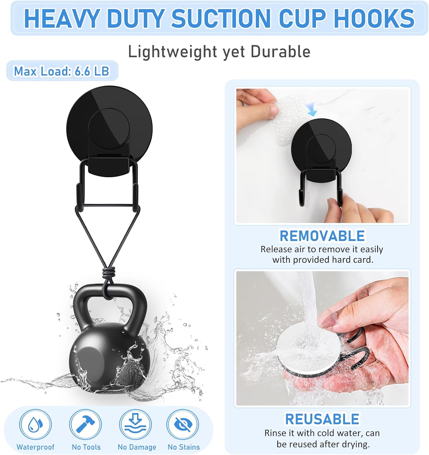 VIS'V Shower Suction Cup Hooks, Removable and Reusable, Black, 2 Pcs | Double Hooks Design, Heavy Duty, Strong Vacuum Suction, Fits for Smooth Flat Surfaces