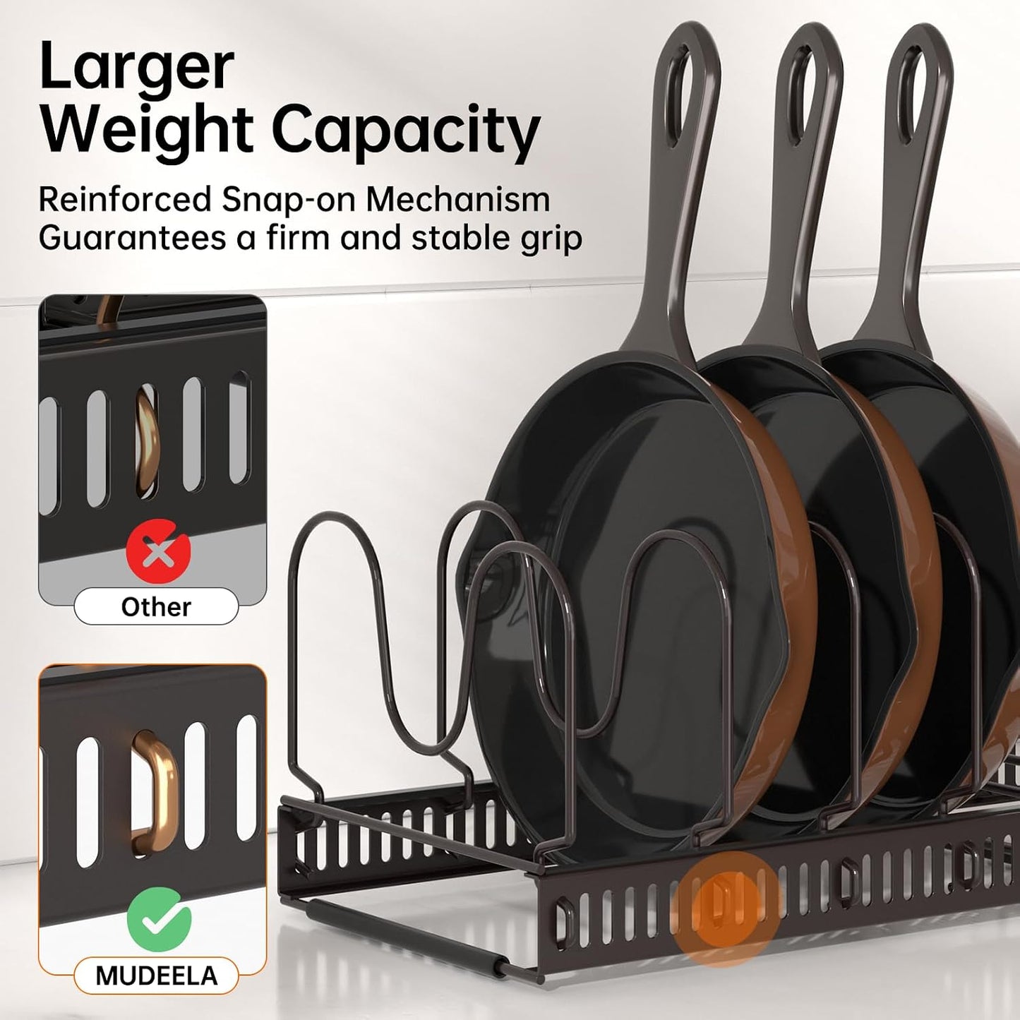 MUDEELA Expandable Pot Pan Lid Organizers inside Cabinet, 10 Divider-Black | Expandable 11.8–22.9", 10 Adjustable Divider, Tool-Free Assembly, Non-Slip, Scratch-Proof, For Pan Lid Cutting Board Bakeware