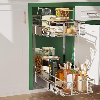 LOVMOR 2 Tier Individual Pull Out Cabinet Organizer 11" W x 18" D, Slide Out Kitchen Cabinet Storage Sliding Shelves