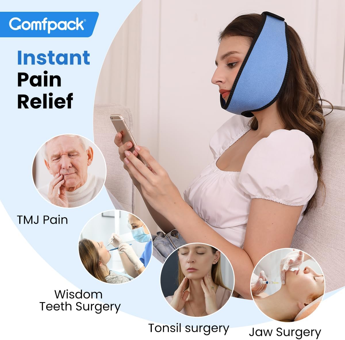 Comfpack Face Ice Pack Wrap for TMJ Relief with 4 Reusable Gel Packs | Hot Cold Therapy, Wisdom Teeth Ice Pack Head Wrap for Tooth Extraction & Teeth Removed, Oral Surgery, Cosmetic Injection