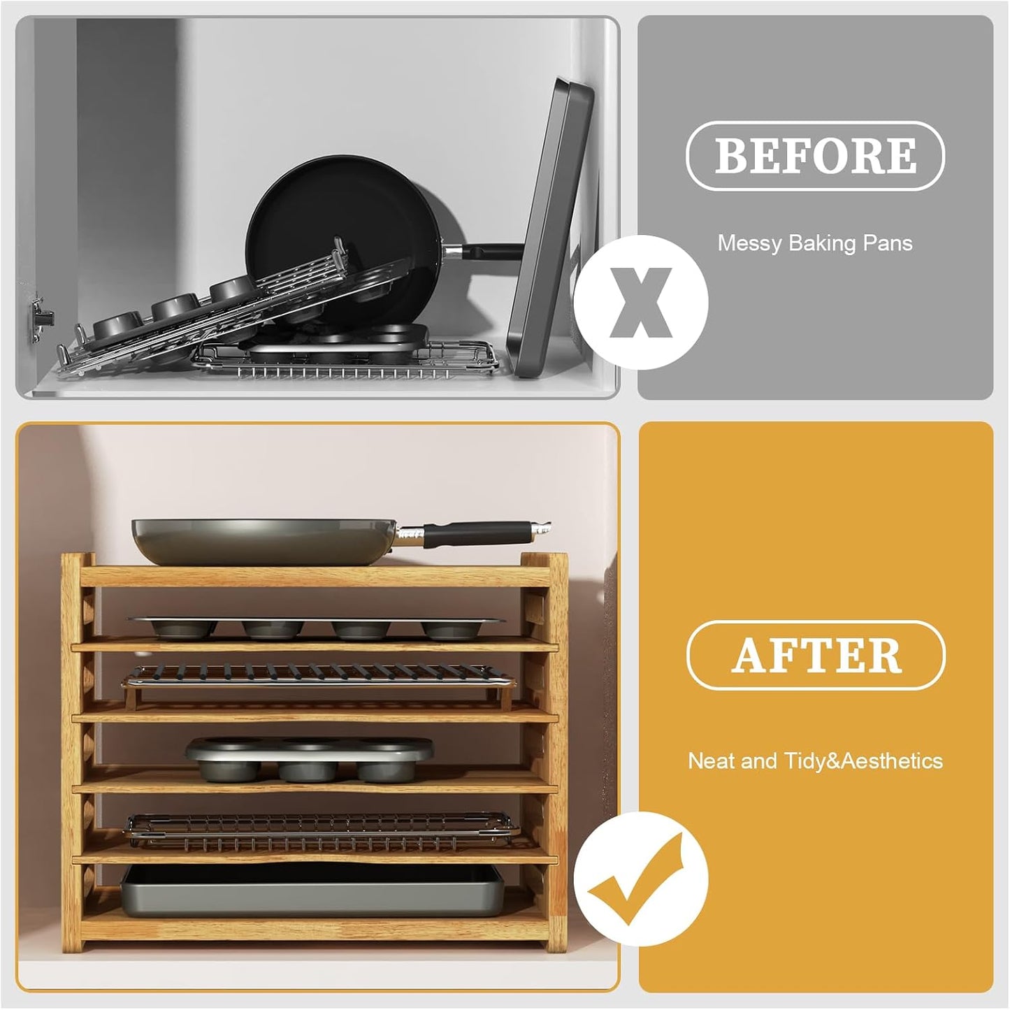 4 Tier Rubber Wooden Tray Dividers for Cabinets, Cookie Sheet Organizer | Heavy Weight, Premium Wood, Multiple Sizes, Saving Space, Vertical Tray Dividers for Storing pans, Baking tray, Cutting Board