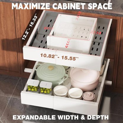Seinloes Pull Out Cabinet Organizer,4-Side Expandable to Maximize Cabinet Space,Slide Out Drawers with 3 Rail Design,Roll Out Shelf with Raising Pad for Framed Cabinet,13"-21"W x 17"-24"D,White,2 Pack