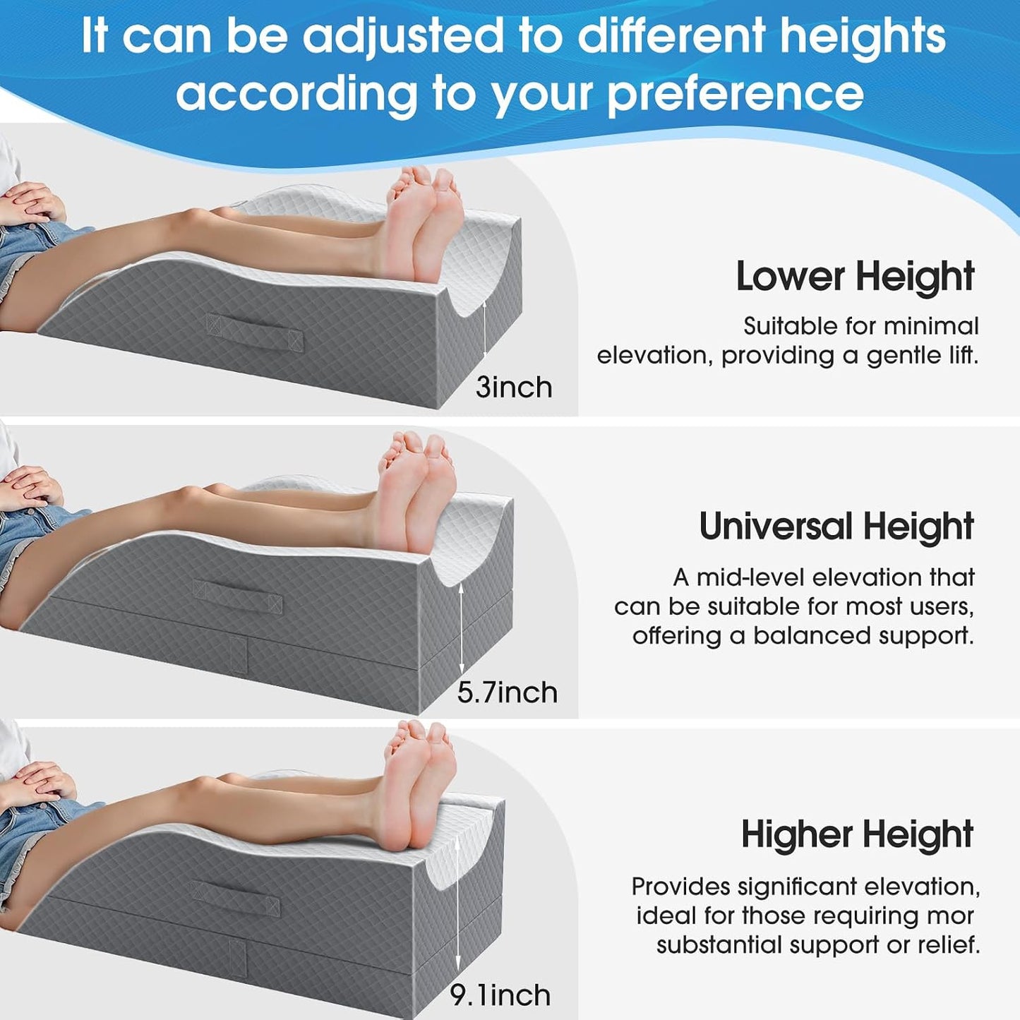 TranquilRelax Leg Elevation Pillows for After Surgery, Wedge Pillow, Grey | Memory Foam, All-around Knee & Ankle Support for Swelling, Height-adjustable, Nop-Slip Bottom, Washable Cover, Single-leg
