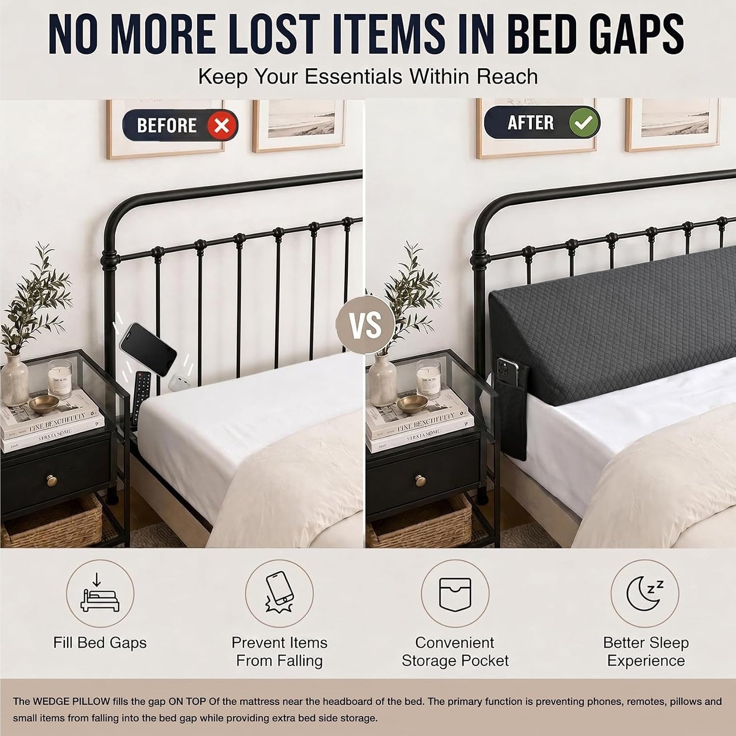 Twin Bed Wedge Pillow for Headboard Gap/Bed Gap Filler Black | Long Triangle Corner Pillows with Pockets,Dense Foam,Pillow Prevents Stuff Drops, Between Twin Mattress and Frames Home Decor
