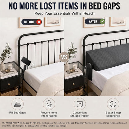 Twin Bed Wedge Pillow for Headboard Gap/Bed Gap Filler Black | Long Triangle Corner Pillows with Pockets,Dense Foam,Pillow Prevents Stuff Drops, Between Twin Mattress and Frames Home Decor