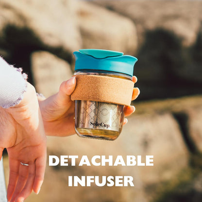 Large Travel Mug Loose Tea Infuser - Detachable Tea Strainer with Spill Proof Lid - 18oz/530ml BPA-Free Reusable Glass Travel Coffee Cup with Cork Band (Pink, 18oz)