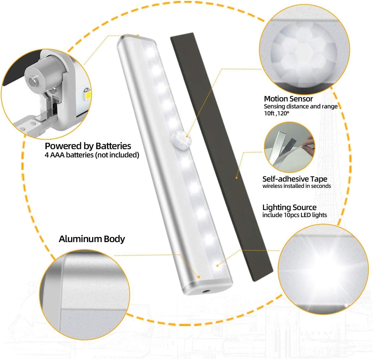 lexall 6 Pack Motion Sensor Lights, 10 LED Closet Battery Operated | Stick-On Anywhere, Magnetic Night Light Bar, LED Safe Light, For Closet Stairs Wardrobe Under Cabinet