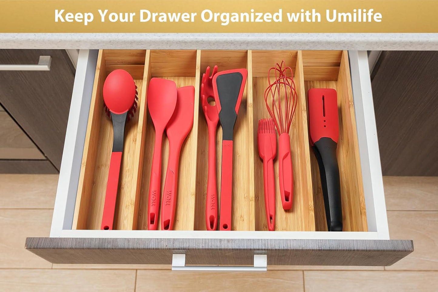 Large Expandable Kitchen Silverware Utensils Drawer Organizer, 2.5" Extra High Adjustable Drawer Divider with Curved Grooves, Bamboo Wood Cutlery Tray Flatware Holder