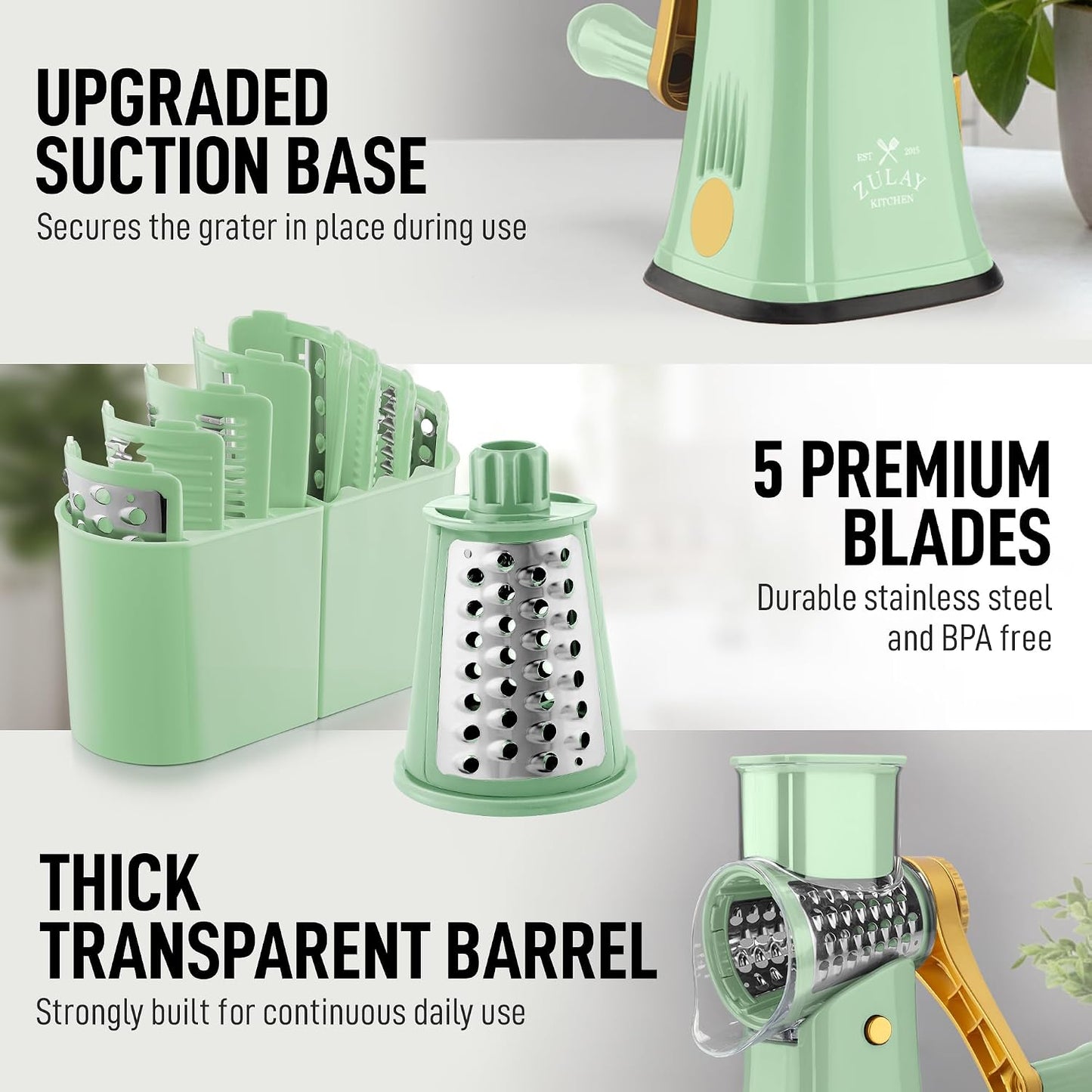 Zulay Kitchen Rotary Cheese Grater 5 Blade Cheese Shredder - Manual Hand Crank Cheese Grater With Reinforced Suction & 5 Interchangeable Drums - Easy to Use, Vegetable Chopper Round Mandoline Slicer - Colors B