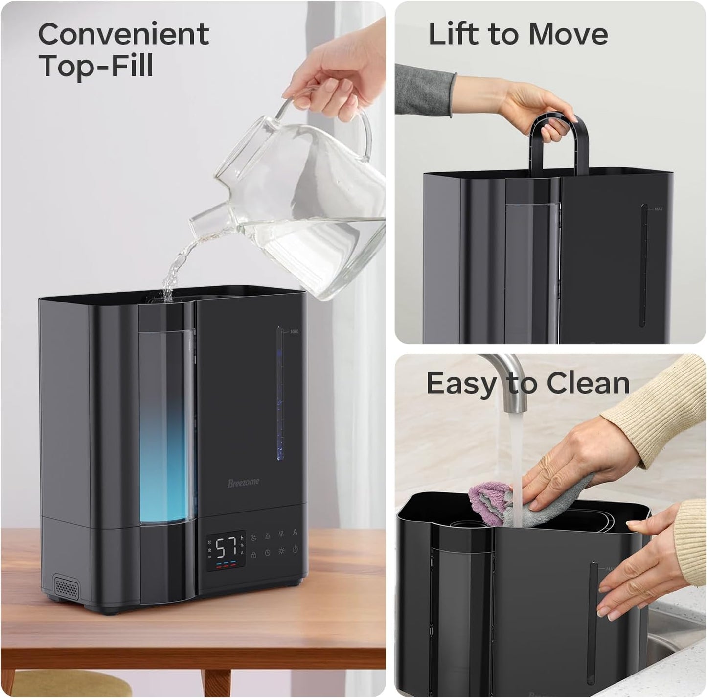 BREEZOME 8L Warm & Cool Mist Humidifier for Large Room 25dB 60H Runtime | Top Fill, 7-Color Mood Light, Smart Auto Humidistat, Essential Oil Tray, Safe Child Lock, 1-24H Timer for Bedroom Baby Plants
