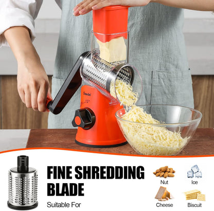 Geedel Rotary Cheese Grater, Kitchen Mandoline Vegetable Slicer with 3 Interchangeable Blades, Easy to Clean Rotary Grater Slicer for Fruit, Vegetables, Nuts | 3 Blades, 430 Stainless Steel, 12x Fast Cutting, Strong Suction Base, No BPA, Dishwasher Safe,
