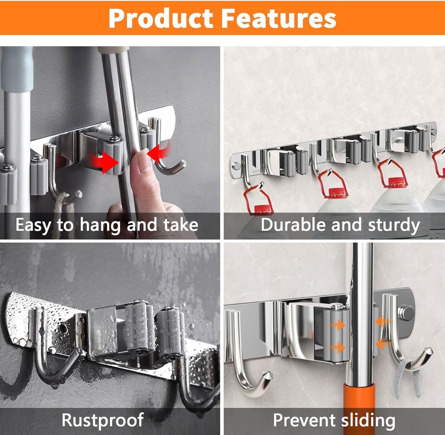 CUXIXA Mop and Broom Holder Wall Mount, Upgraded Broom Organizer Wall Mount, Stainless Steel Broom Hanger Wall Mount for Home Kitchen Garden Laundry Garage (3 Racks with 4 Hooks)