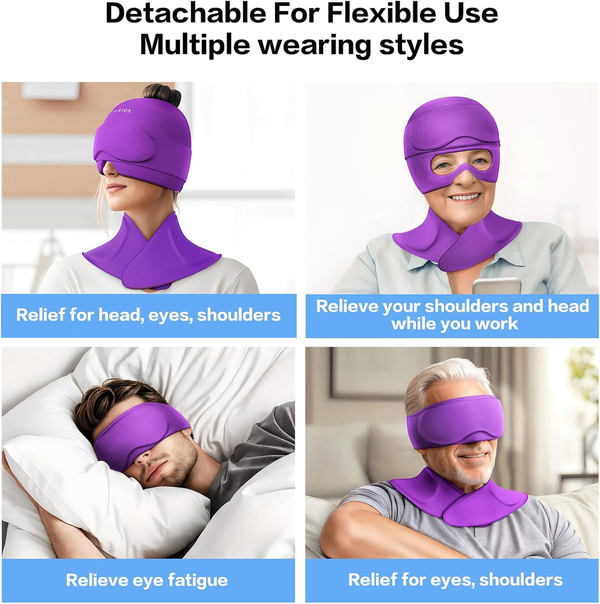 3 in 1 Migraine Relief Cap Neck Ice Pack Wrap Gel and Ice Eye Masks, Detachable Ice Caps with Eyes Masks, Hot and Cold Therapy for Relief of Headaches, Stiff Neck and Eye Fatigue (Purple)