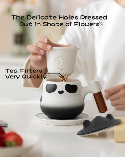 ZENS Tea Infuser Mug with Lid for Loose Leaf Tea Steeper, 11oz Panda | Embossed Ceramic Tea Infuser Mug with Fine Strainer for Herbal Tea Lovers Gifts, Nature Wood Handle