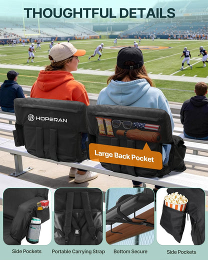 HOPERAN 21" Heated Stadium Seats for Bleachers with Back Support, Black 2PC | Seat & Back Heat Wired Control, 3 Heat Levels (NO Battery), Soft Cushion, 6 Recline, Anti-Slip, Side Pockets, Backpack Straps