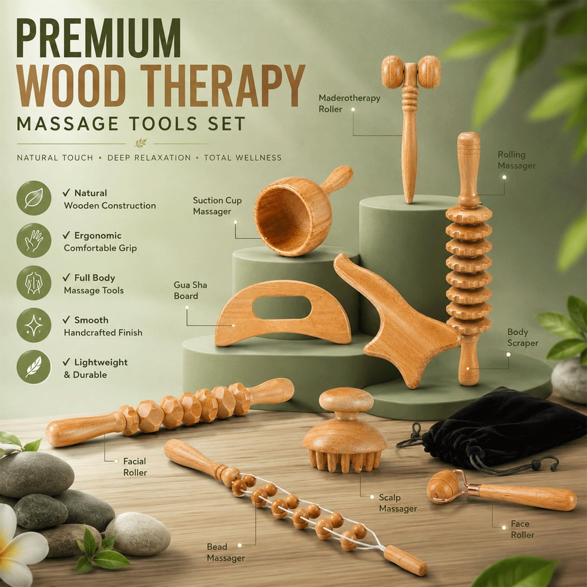 9pcs Wood Therapy Massage Tools, Lymphatic Drainage Tools, Wood Therapy Set with Carry Bag, Maderoterapia Kit, Wood Therapy Tools for Body Sculpting