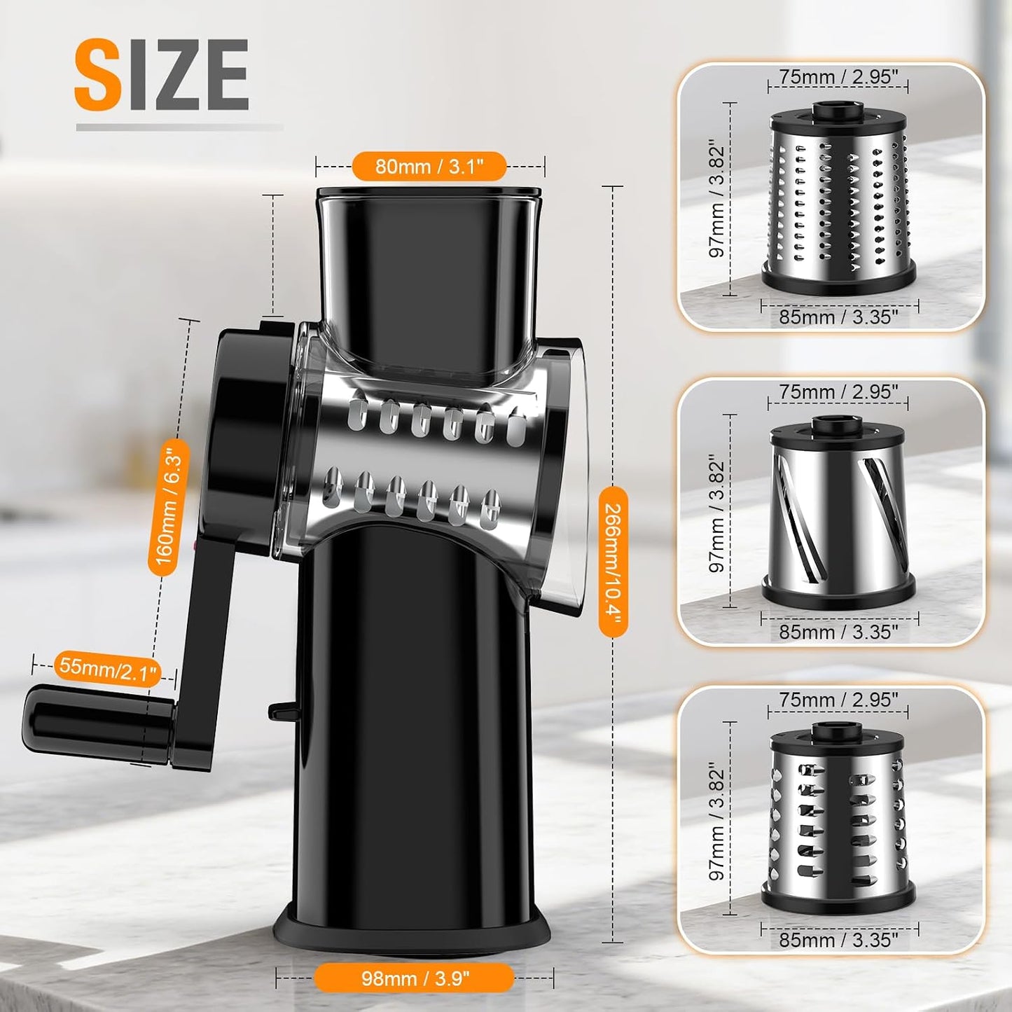 Ibergrif Rotary Cheese Grater Hand Crank– Manual Vegetable Slicer Mandoline with Foldable Handle, Rotary Grader with 3 Interchangeable Blades, Manual Cheese Shredder with Suction Base | 430 Stainless Steel Suction Base Finger Guard BPA Free for Cheese