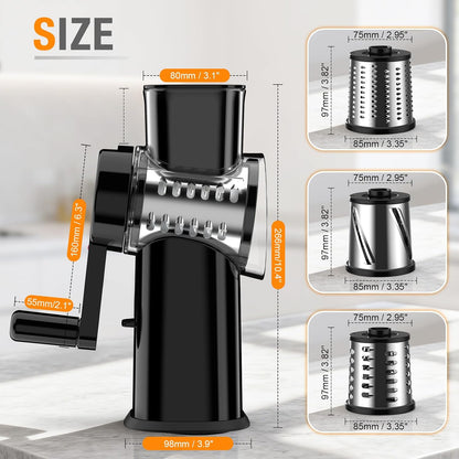 Ibergrif Rotary Cheese Grater Hand Crank– Manual Vegetable Slicer Mandoline with Foldable Handle, Rotary Grader with 3 Interchangeable Blades, Manual Cheese Shredder with Suction Base | 430 Stainless Steel Suction Base Finger Guard BPA Free for Cheese