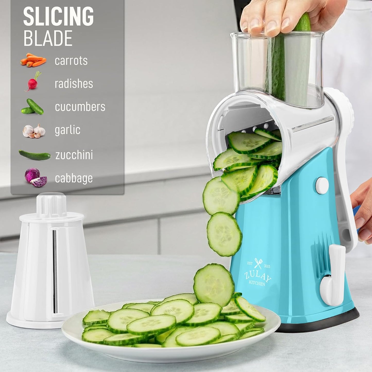 Zulay Kitchen Rotary Cheese Grater 5 Blade Cheese Shredder - Manual Hand Crank Cheese Grater With Reinforced Suction & 5 Interchangeable Drums - Easy to Use, Vegetable Chopper Round Mandoline Slicer - Colors B