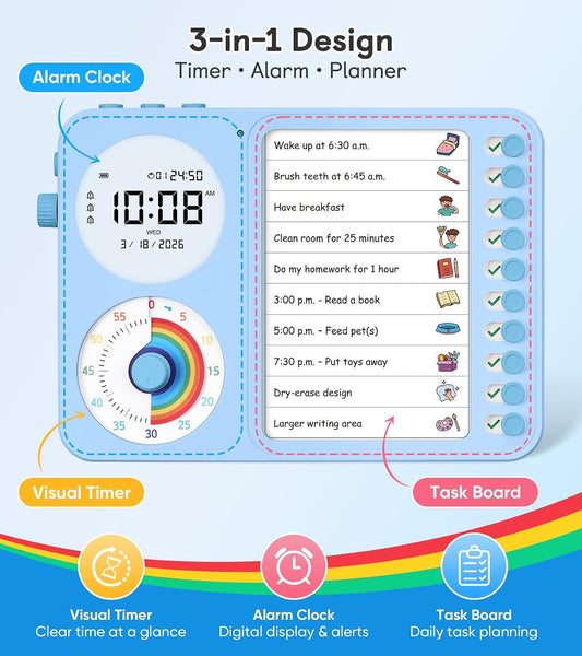3-in-1 Visual Timer & ADHD Tool for Kids with Chore Chart & Planning Board | ADHD Timer with Digital Clock, Silent Task Timer for Adults with Visual Schedule for Home, School, Classroom, Work (Pink)