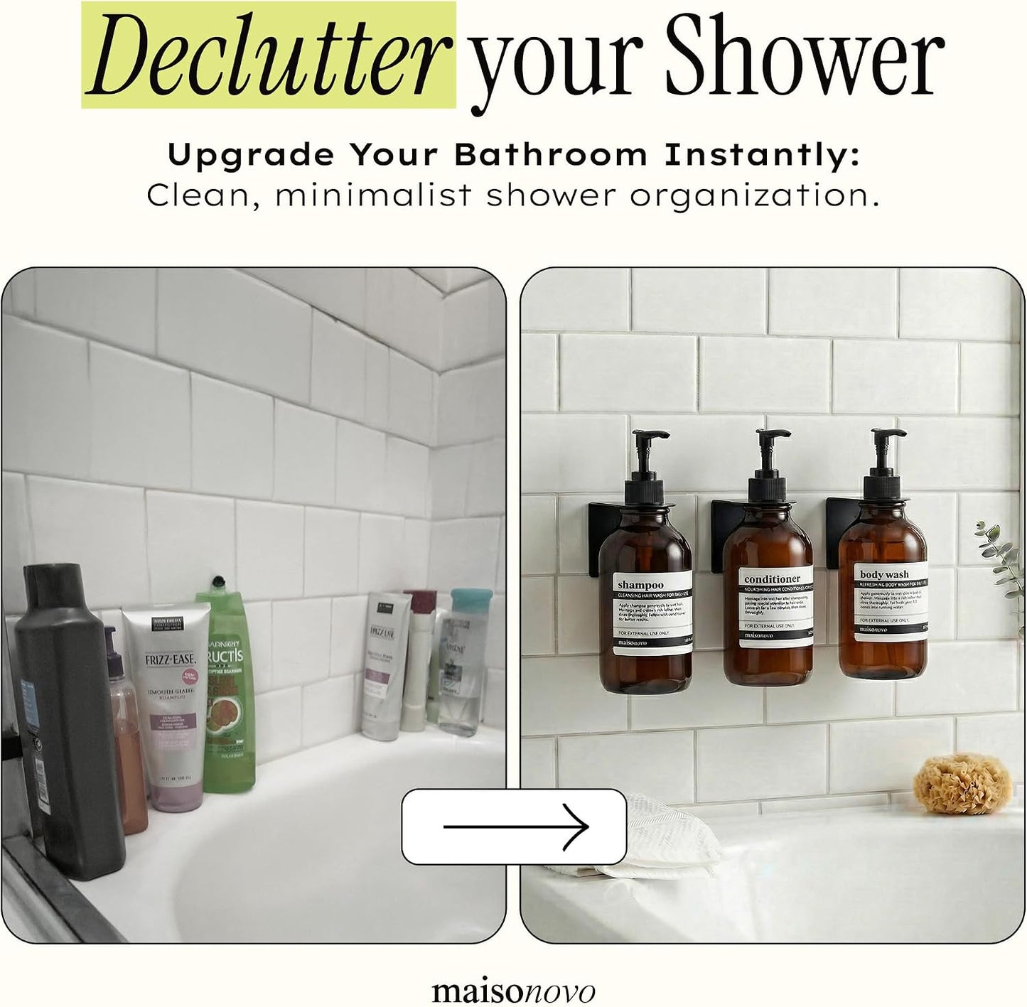 MaisoNovo Shampoo and Conditioner Dispenser|Refillable Black Set of 3 | 500 ml Shower Gel Dispenser Set of 3. Refillable Shampoo and Conditioner Bottles. Drill Free Secure Design. Black