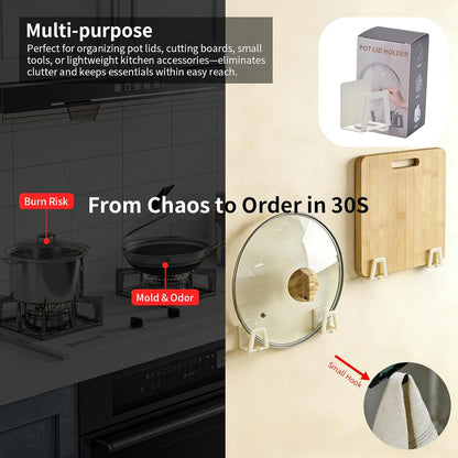 4 Pack Pot Lid Holders with Hook, Pot and Pan Hangers for Kitchen Inside Cabinet Wall Mount Rack Cabinet Door Lid Organizer, Save More Space, Black