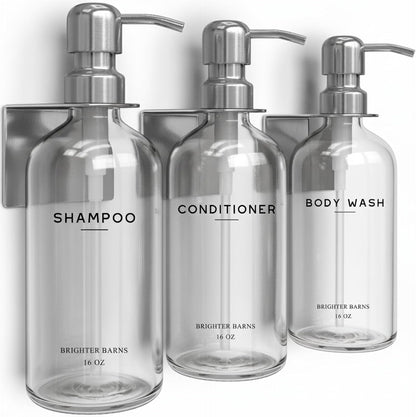 White Shampoo and Conditioner Dispenser Set Wall Mounted by Brighter Barns - Shower Dispenser 3 Chamber No Drill - Refillable Shampoo and Conditioner Bottles for Shower Wall in Airbnb, Hotel (White)