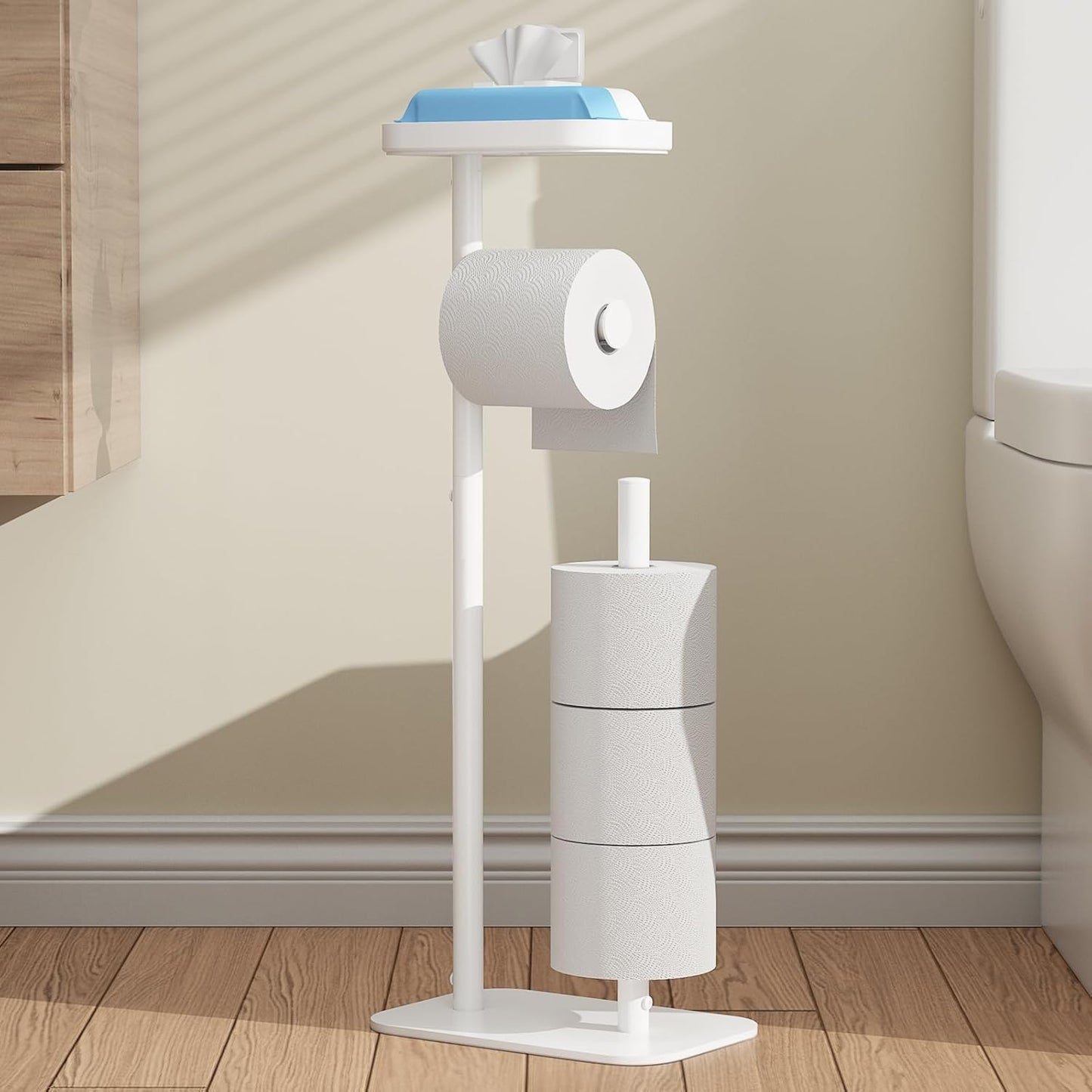 Kitsure Metal Toilet Paper Holder Free Standing, Medium, Black | Rustproof Toilet Paper Stand for 4 Rolls, Bathroom Organizers and Storage with Anti-Slip Base and Plastic Shelf