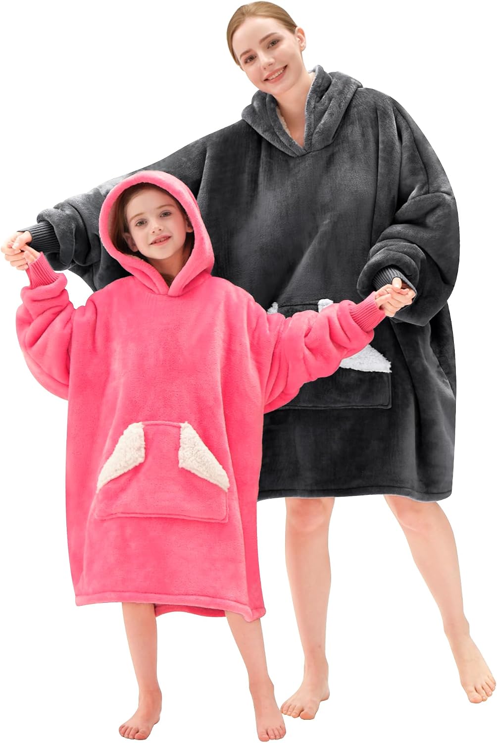 Wearable Blanket Hoodie, Oversized Sherpa Fleece Sweatshirt Blanket with Giant Hood Pocket and Sleeves for Adult, Warm & Cozy Grey Blanket Gifts for Women