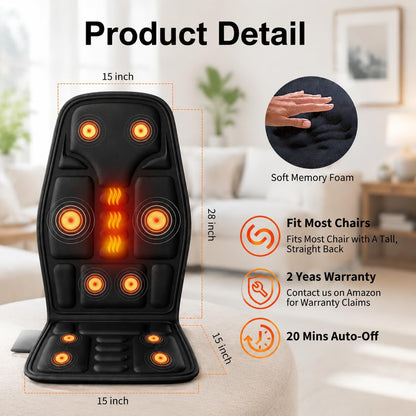 SLOTHMORE Vibration Back Massager for Chair with Heat, Chair Massager Pad with 8 Vibration, Massage Seat Cushion for Office Chair, Home Recliner & Sofa, Relaxing Gifts for Mom & Dad