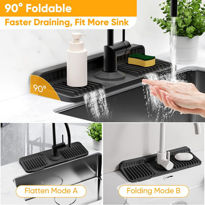 24'' Longer Faucet Mat for Kitchen Sink Splash Guard[7° Slope Fast Self-draining][Snap Lock Fit]Kitchen Sink Faucet Mat Splash Guard Kitchen Sink Area Water Splash Guard Behind Faucet Draining Mat