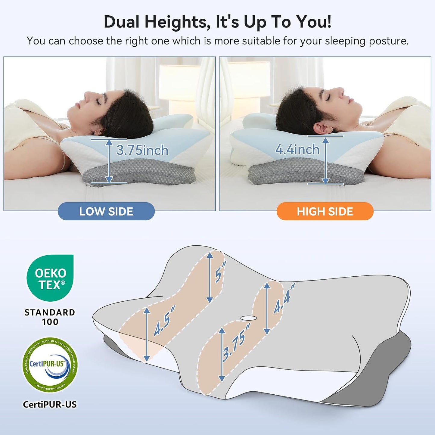 Memory Foam Cervical Neck Pillow, Ergonomic Contour Bed Pillow | Odorless Orthopedic Pillow for Neck & Shoulder Pain Relief & Support with Dual Heights, for Side/Back/Stomach Sleepers, Grey