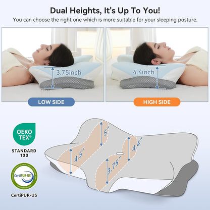 Memory Foam Cervical Neck Pillow, Ergonomic Contour Bed Pillow | Odorless Orthopedic Pillow for Neck & Shoulder Pain Relief & Support with Dual Heights, for Side/Back/Stomach Sleepers, Grey