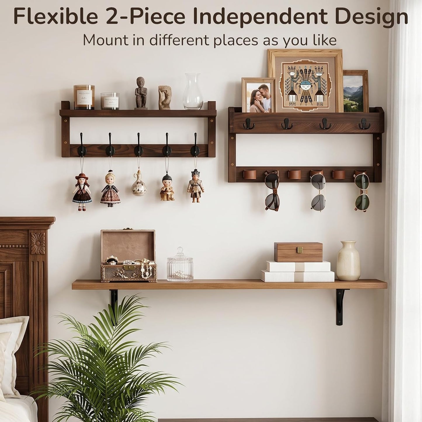 Wooden Key Holder Wall Mount with Shelf, Wall Key Rack and Mail Holder with 9 Key Hooks and 6 Sunglasses Holders, Farmhouse Key Hanger for Entryway Living Room Bedroom, Rustic Brown