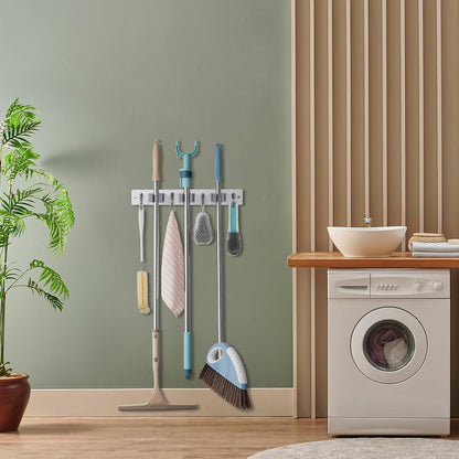 OUTNILI Mop and Broom Holder Wall Mount - Wood Broom Mop Hanger - Wall Mounted Garden Tool Rack Organizer for Closet Garage Laundry Room, Rustic Kitchen Decor With 4 Slots & 4 Hooks