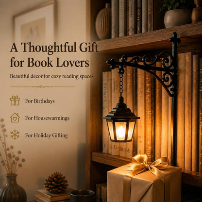 Library Lantern-Decorative Bookshelf Lighting, Mini Bookshelf Lamp Slides Between Books, Warm Amber LED Bookshelf Lights for Book Nook, Shelf Decor Gift for Book Lovers(Classic Lantern)