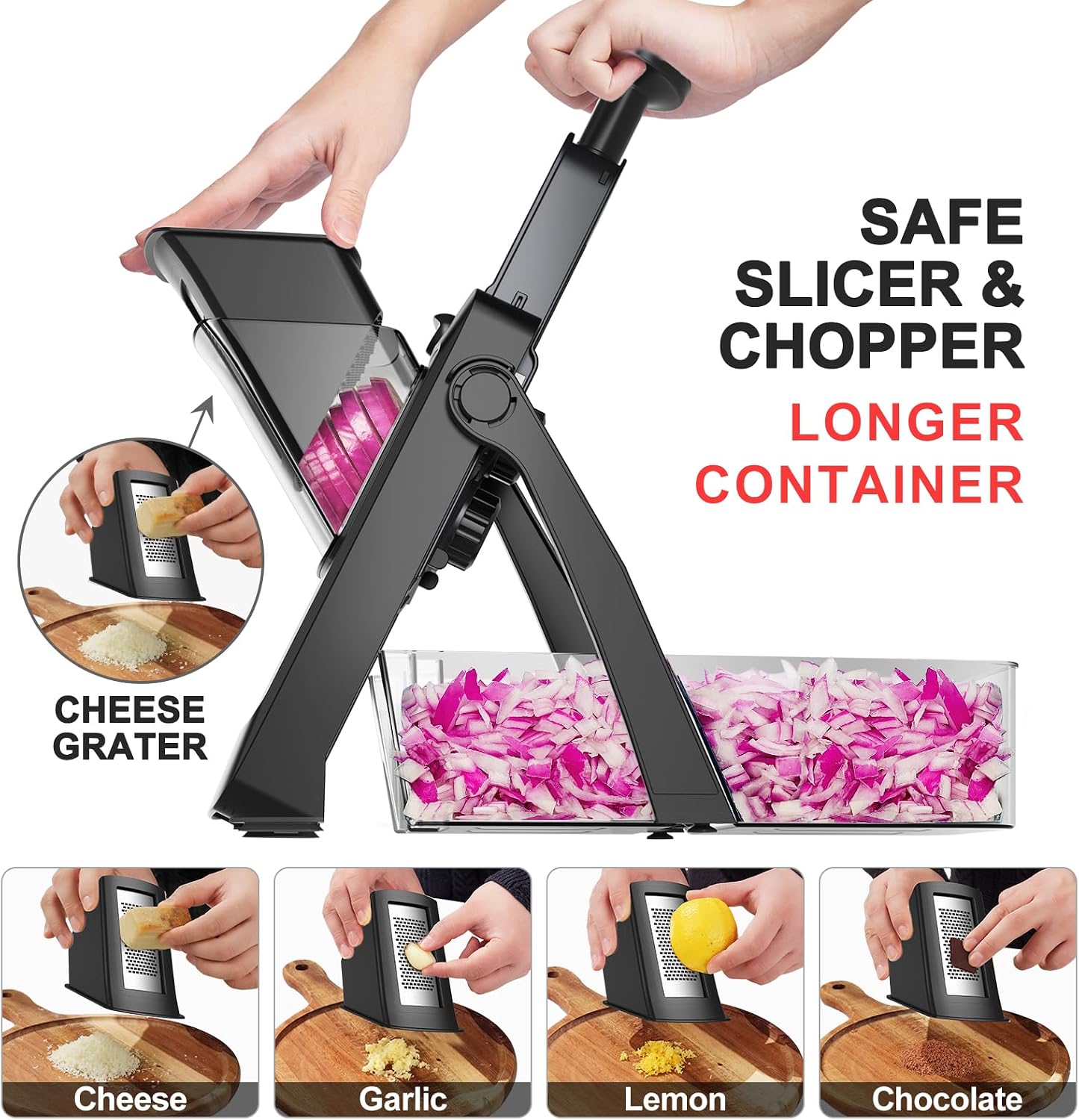 SupMaKin Safe Mandoline Slicer Plus for Kitchen Adjustable Vegetable Slicer | 0.1-8mm, Cut Resistant Stainless Steel Blades,Potato Fry Cutter, Onion Chopper, Detachable,Foldable Dishwasher Safe, Gifts