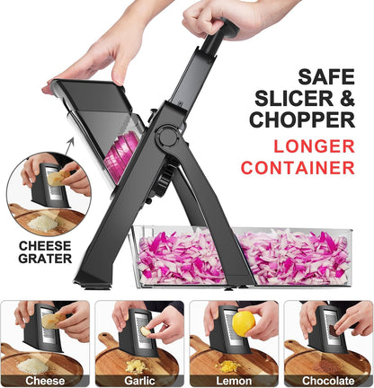 SupMaKin Safe Mandoline Slicer Plus for Kitchen Adjustable Vegetable Slicer | 0.1-8mm, Cut Resistant Stainless Steel Blades,Potato Fry Cutter, Onion Chopper, Detachable,Foldable Dishwasher Safe, Gifts
