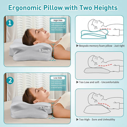 Cervical Neck Pillow for Pain Relief - Ergonomic Memory Foam Pillows | Contour Side Sleeper Pillow for Neck Support, Orthopedic Pillow for Sleeping, Bed Pillow for Sleepers, Grey