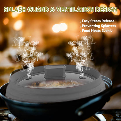 Collapsible Microwave Splatter Cover, Glass Silicone Foldable Microwave Lid for Food, 10.8 Inch Grease Splatter Guard for Pots, Pans & Bowls, Black