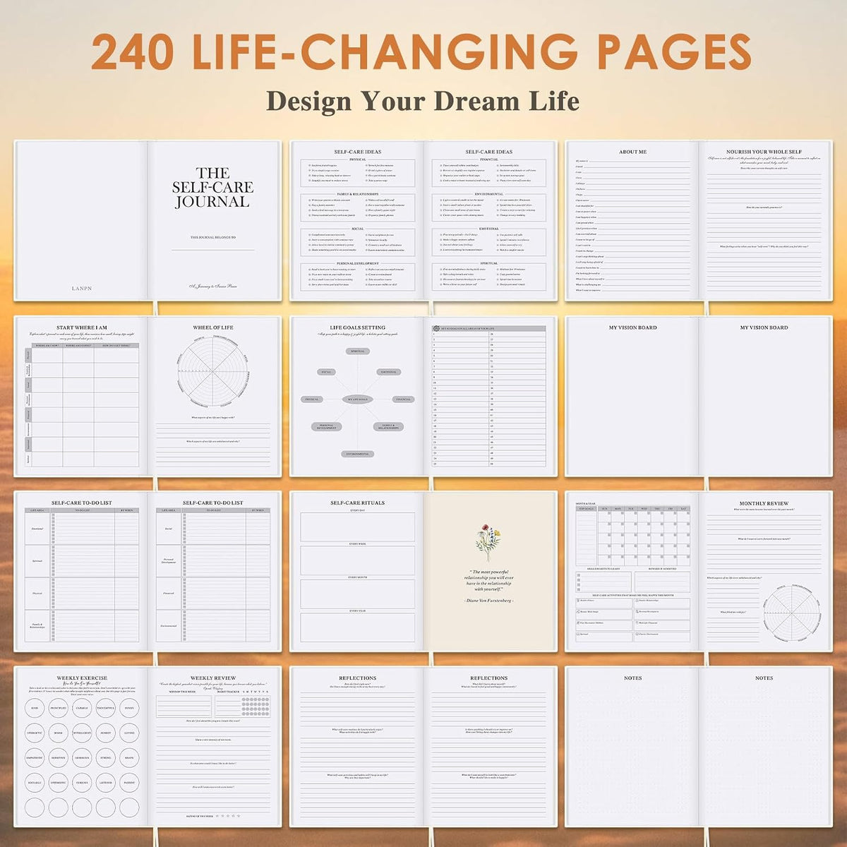 Lanpn Self Care Journal for Women, Self Love Guided Journals with Prompts, Daily Reflection Wellness & Gratitude Planner, 5 Minute Mental Health Notebook, Mood Mindfulness Log, 240 Pages