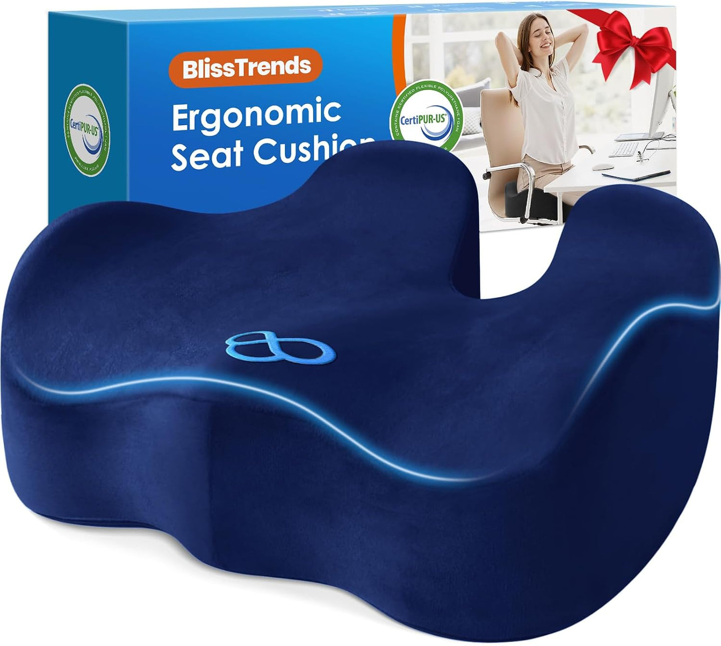 BlissTrends Memory Foam Seat Cushion for Office Chair & Car Seat, Black | 4.7in Ergonomic Tailbone & Sciatica Support with Removable Velvet Cover for Pressure Relief and Long Sitting Comfort