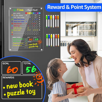 PigPotParty 2-in-1 Acrylic Magnetic Chore Chart for 2 Kids, Large 16x12 in | Clear Dry Erase Fridge Chore Board for Teens, Roommates; Vibrant Layout; Embedded Magnets; 12 Wet-Erase Markers and Towel