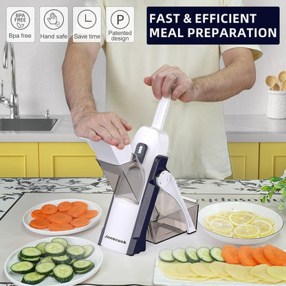 Jonscook All-in-1 Safe Mandoline Slicer for Kitchen, Vegetable Slicer with Container, Adjustable Veggie Mandoline, French Fry Cutter, Potato/Tomato/Onion Slicer, Grater/Cleaning Brush (Black Knight)