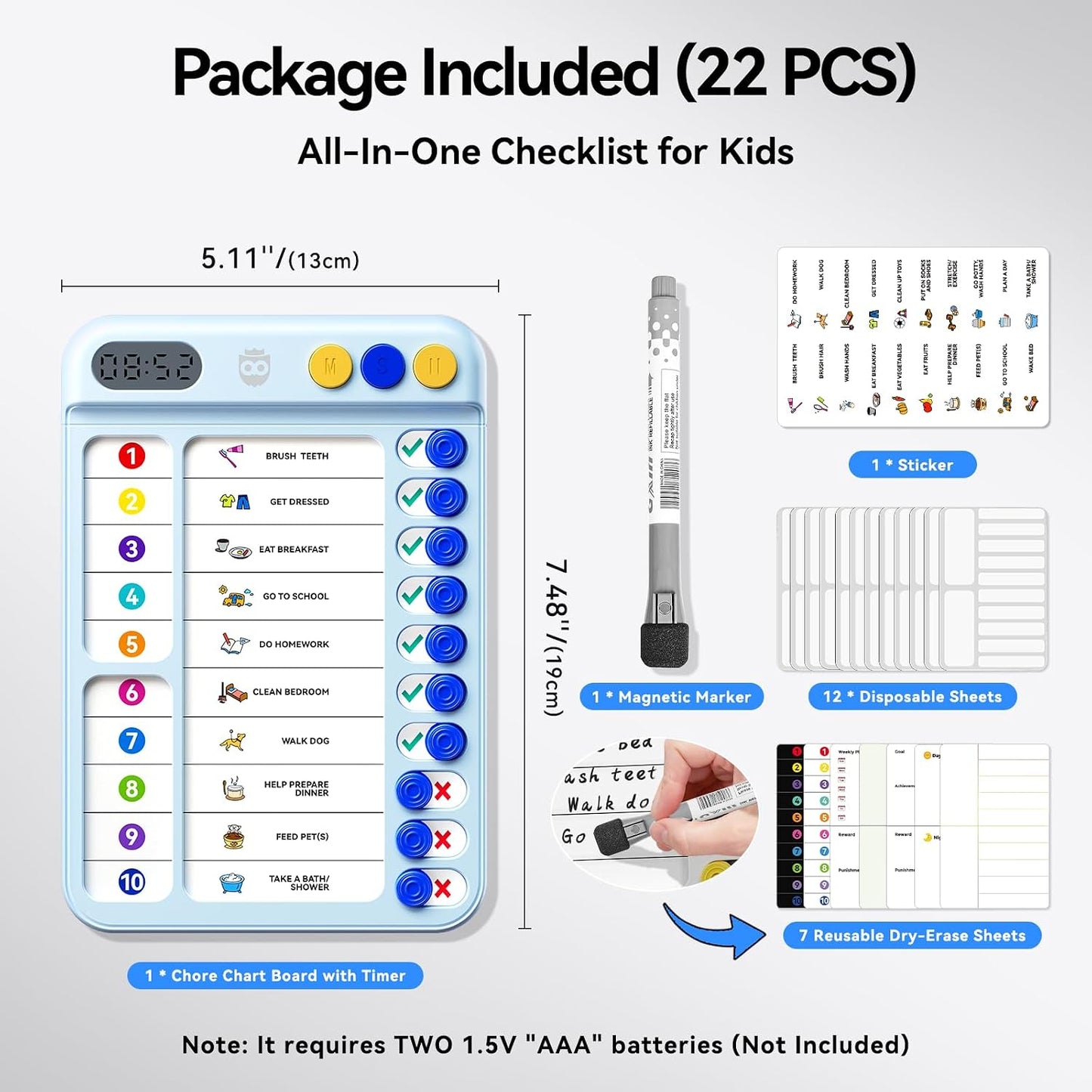 Chore Chart for Kids with Visual Timer, ADHD Tools Visual Schedule Planning Board with Slider, 20 Personalizable Cards and Magnetic Marker, Morning/Bedtime/Daily Routine Chart Checklist - Blue
