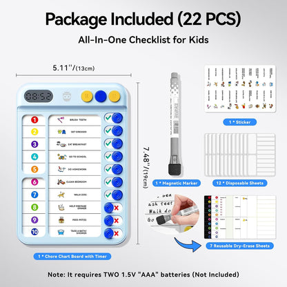 Chore Chart for Kids with Visual Timer, ADHD Tools Visual Schedule Planning Board with Slider, 20 Personalizable Cards and Magnetic Marker, Morning/Bedtime/Daily Routine Chart Checklist - Blue